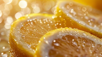 Dew-kissed lemon halves glisten with a vibrant, citrus glow under soft, golden light, exuding a refreshing essence in this close-up