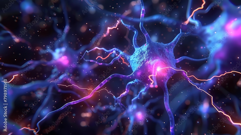 Aufkleber Generative AI : visualization of a complex neural network of human neurons inside a brain, indigo blue and violet colors