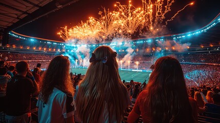 Fans watching at fireworks in a stadium at night