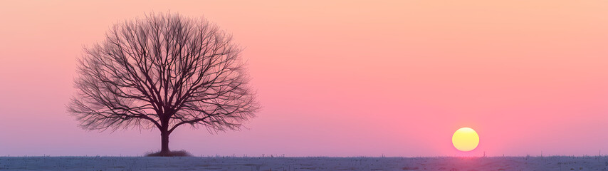 Naklejka na ściany i meble Silhouette of Tree Against Sunset Sky: Serene Nature Background