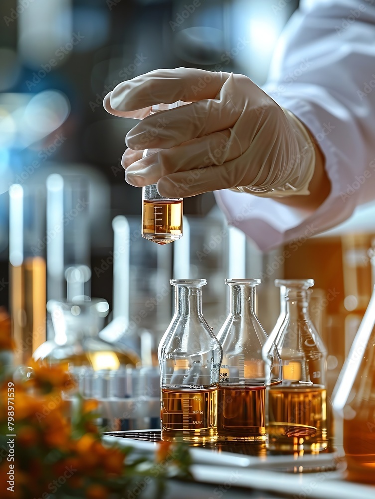 Poster Generative AI : perfumer is mixing perfume with a test tube. Perfumer holding small test tube in hand，