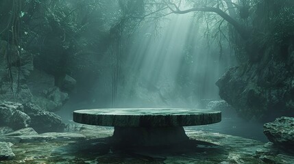 Round monolithic table set amidst a misty grove, hinting at lost civilizations or quiet communion with nature’s spirits