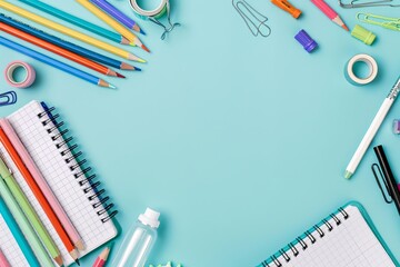 Cheerful theme depicted by bright school supplies on light blue background