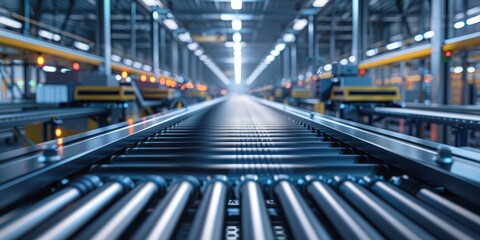 Automated logistics facility, conveyor belts and sorting robots, close-up, digital photography, motion blur - obrazy, fototapety, plakaty