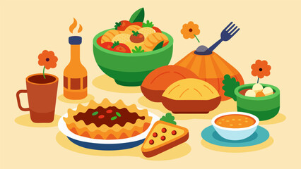 The Juneteenth Soul Food Feast features a diverse spread of dishes including jerk chicken jambalaya and sweet potato pie.. Vector illustration