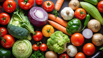 Food background with assortment of fresh organic vegetables and fruits