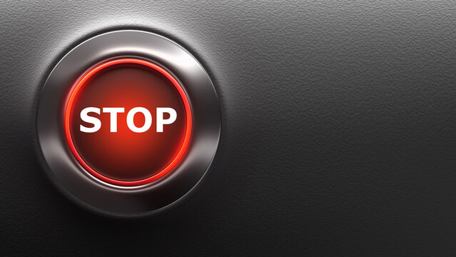 Stop button. Red pressbutton to stop traffic. Button to turn off running car. Inscription stop on red pressbutton. Concept of stopping started actions. Automotive pressbutton. 3d image