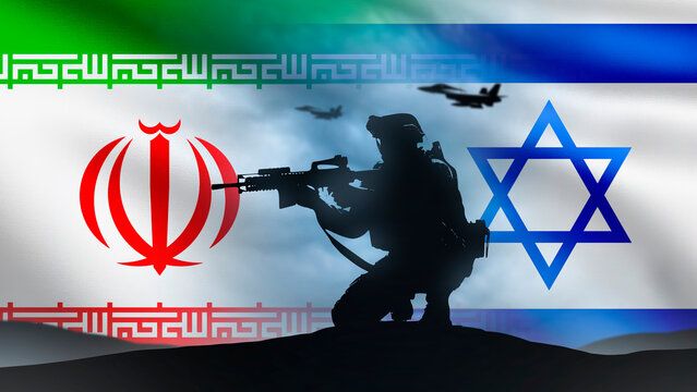 Flags of Israel and Iran. Soldier takes part in war. Silhouette of war with machine gun. Military conflict with Israel. Confrontation Iran and opponents. Armed confrontation in middle east. 3d image