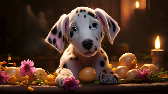 Cute dalmatian puppy with easter eggs and flowers