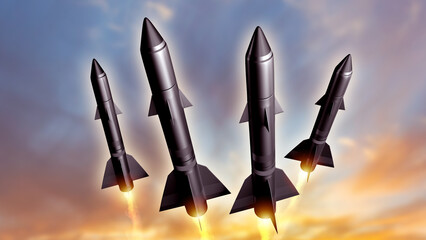 Military missiles fly into sky. Ballistic rockets. Modern weapons. Missiles with nuclear warheads....