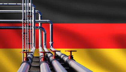 Gas pipes with Germany flag. Pipeline for supply energy resources. Aluminum pipes with valves. Gas...