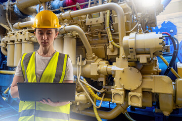 Woman industrialist. Girl with laptop in factory building. Ship engine. Female employee of...