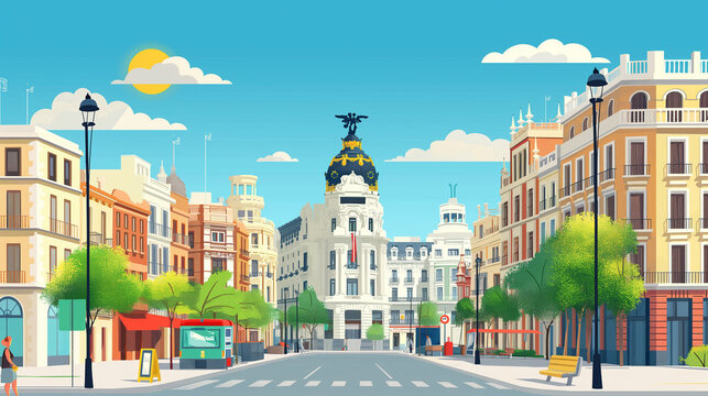 Illustration of Madrid, Spain with its typical sight on a sunny day