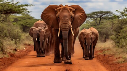 Elephants in Tsavo East National Park in Kenya, Africa - obrazy, fototapety, plakaty