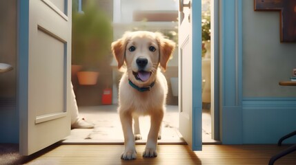 Cute Golden Retriever puppy standing in front of the door