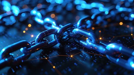 Blockchain encryption blocks, glowing blue connections, decentralized finance concept, close-up, digital photography