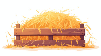 Hay heap in wood crate. Gold straw pile in box. Gol - obrazy, fototapety, plakaty