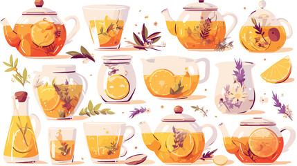 Healing tea brewed in glass teapot with herbs herba