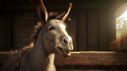 Fototapeta premium Donkey in the stable at sunset, close-up portrait.