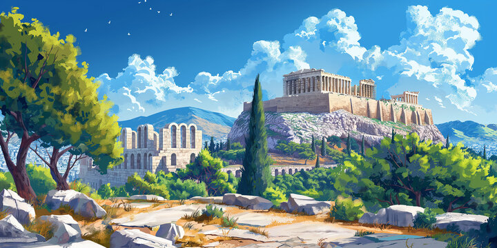 Acropolis hills of Athens, Greece illustration