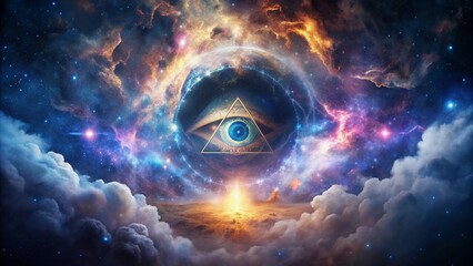 A mystical all-seeing eye peeks through a break in the cosmic clouds, revealing a swirling vortex of light blues and purples. - obrazy, fototapety, plakaty