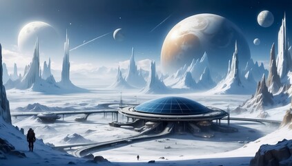 Colonization of Frozen Planet. Alien Landscape with Sustainable Energy Hubs. Alien Planet Exploration Base. Human Settlement in an Alien World. Planet Base for Colonization of the Planet.