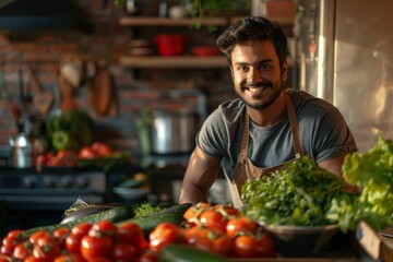 Young fit man having healthy breakfast at home, with a lot of fresh vegetables on kitchen table. Handsome indian man starting day with healthy meal, Generative AI