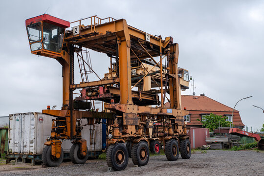 Hamburg, germany-05 02 2019:Old rusty straddle carrier from the port of hamburg 