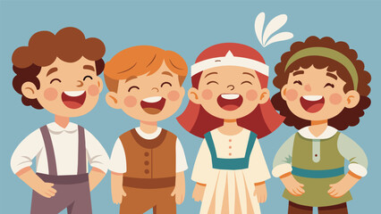 Children dressed as former individuals smiling and laughing as they participate in a production about the struggles and triumphs of their ancestors.. Vector illustration