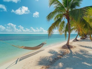 A beach scene with a palm tree and a hammock. Scene is relaxed and peaceful, as it captures a moment of leisure
