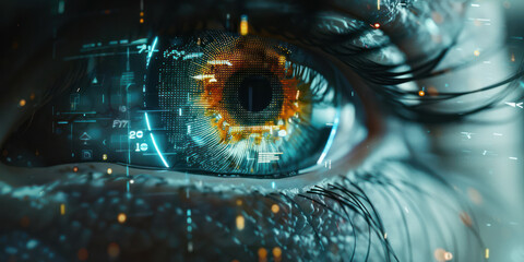 Close-up of eye tracking technology, pattern recognition, digital photography, monitoring gaze in real-time