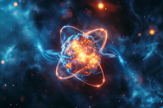 Collision of nuclei of elementary particles, image of nuclear reactions in the model. Explosion with the release of a huge amount of heat and power and light.