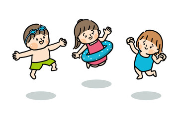 水着でジャンプする3人の子供たち