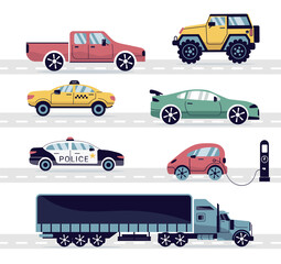a car, a set of flat icons. types of city cars highlighted on a white background. Taxi, police, convertible, pickup truck. a truck, an SUV. for print, postcards, banners, children clothing. art png