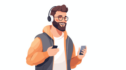 Hipster male teenager in wireless earphones listeni