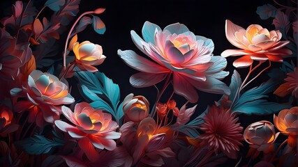 Artistic Image: Volumetric flowers intricately designed with a mix of vibrant and pastel colors, illuminated by neon lighting. The flowers are depicted in a three-dimensional style, giving them a life - obrazy, fototapety, plakaty