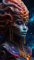 Ethereal Nebula Navigator Shines in Vivid High Fashion Portrait - obrazy, fototapety, plakaty