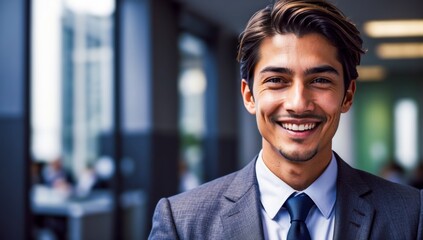 Fototapeta premium A Corporate Employee Wearing a Suit and Smiling, Office in the Background. Satisfied Businessman. Office Worker Happy After Success at Work.