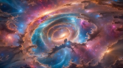 Pulsar in Space Surrounded by Nebulae. Swirling Nebula in Outer Space with Multicolored Stars and Cosmic Dust. Mesmerizing Galaxy Scene Full of Energy. Cosmic Journey Through Space and Time.