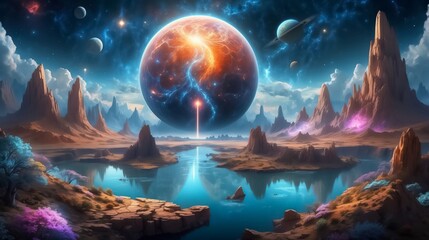 The Splendor and Complexity of Parallel Universes, with Multiple Worlds and Realities. Otherworldly Landscape. Nebula Sky with Sunset. Cosmic Journey Through Area and Time.