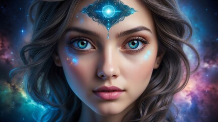 Fototapeta premium The Spiritual Third Eye of the Universe. All Seeing Eye. Opening the Third Eye with Meditation. A Look into the Future and Events. The Eye that Sees Through Dimensions. Inner Vision.