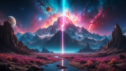 The Splendor and Complexity of Parallel Universes, with Multiple Worlds and Realities. Otherworldly Landscape. Nebula Sky with Sunset. Cosmic Journey Through Area and Time.