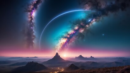 The Splendor and Complexity of Parallel Universes, with Multiple Worlds and Realities. Otherworldly Landscape. Nebula Sky with Sunset. Cosmic Journey Through Area and Time.