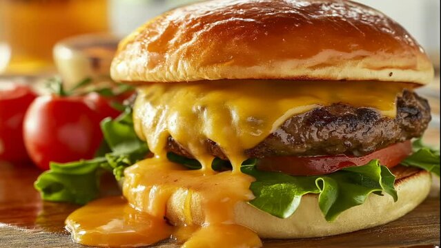 Gourmet Cheeseburger Delight, a mouth-watering gourmet cheeseburger with a perfectly cooked beef patty topped with melted cheddar cheese and fresh vegetables
