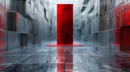 A single scarlet pillar ascends from a sea of silver cubes, creating a bold statement of individuality.