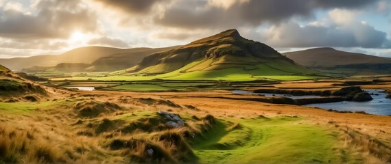 Painting of Ireland's Iconic Highlands Landmarks, Majestic Grass-Capped Peaks, and Landscapes....