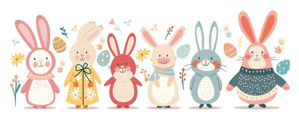 Obraz premium Happy Easter greeting card with rabbits eggs and spring flowers pastel colors holiday celebration card