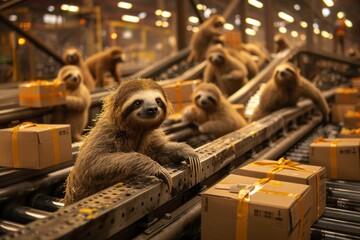 Group of sloths on conveyor belt in assembly line of boxes