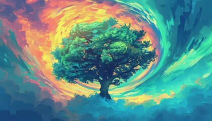 Capture a majestic, towering tree enveloped in a swirling aura of vivid colors, symbolizing natures resilience in a surreal setting, shot from below as if rising towards the sky