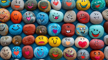 Colorful emotive characters painted on round pebbles spread across an azure backdrop with soft lighting